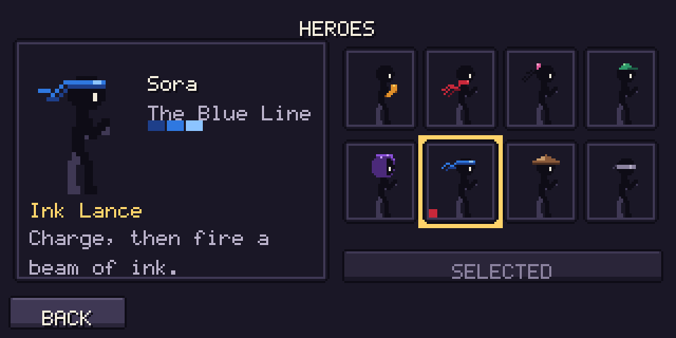 Hero select: Sora, The Blue Line, with the Ink Lance skill