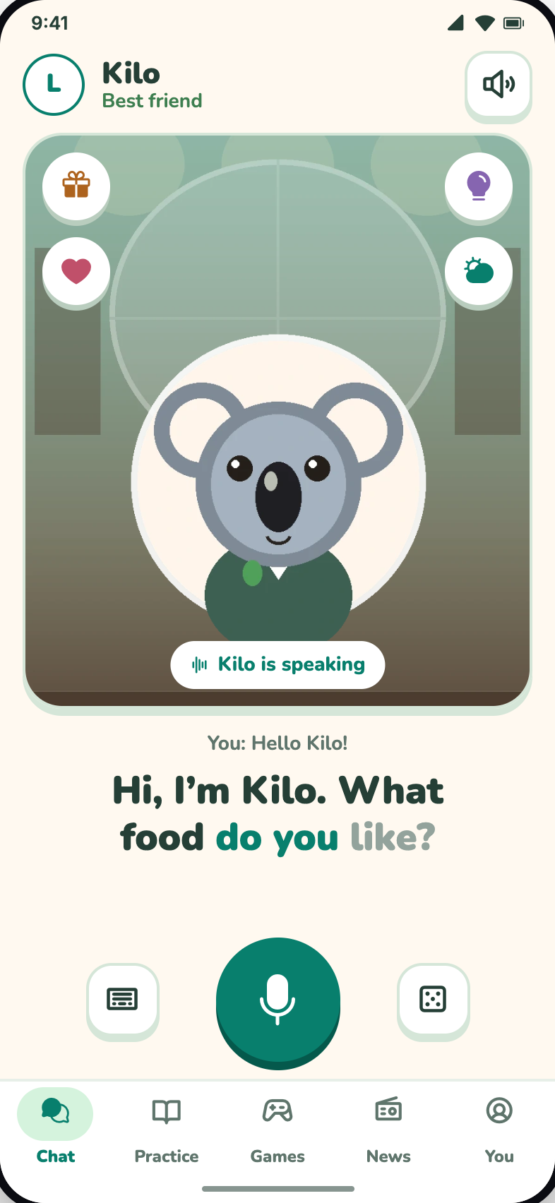 KoalaSpeak home screen with Kilo speaking