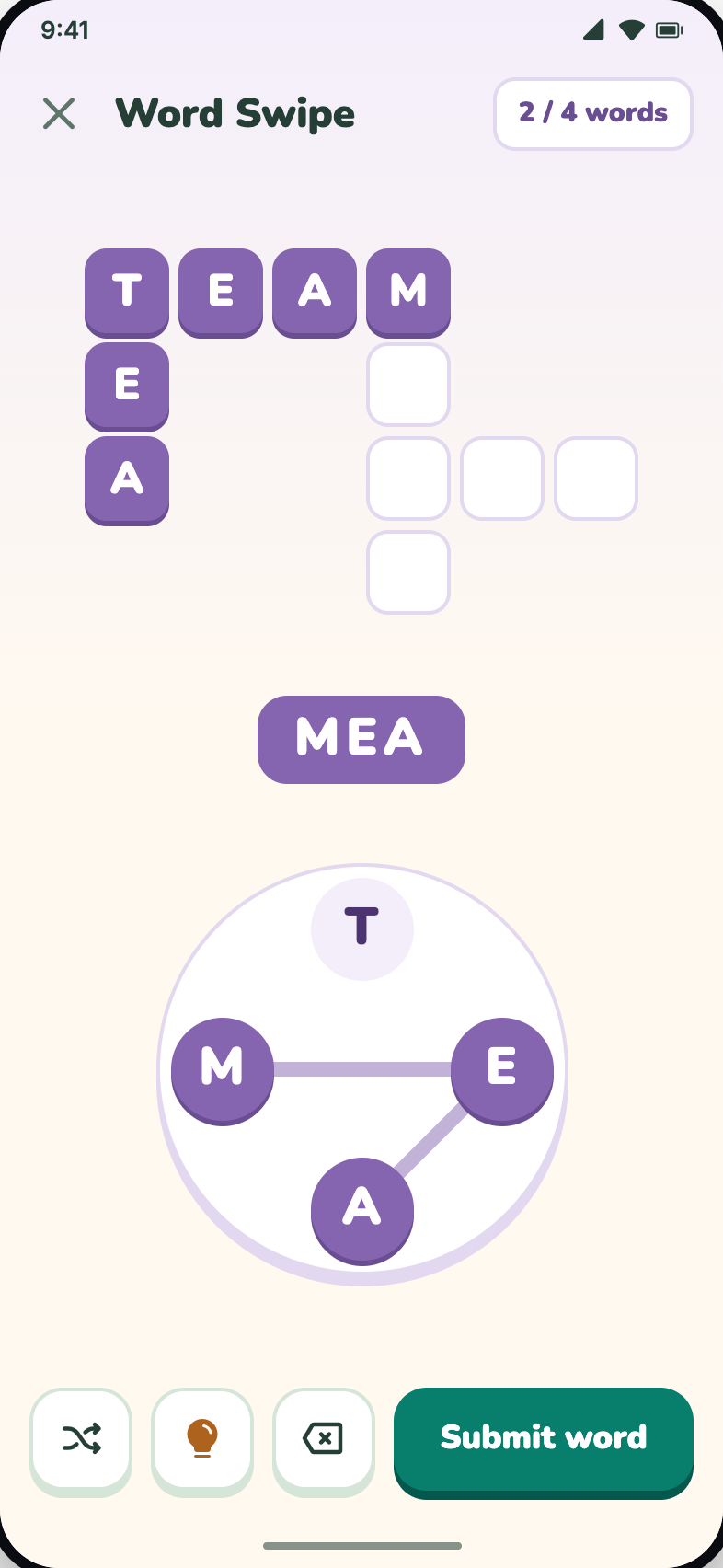 Word Swipe board and letter wheel