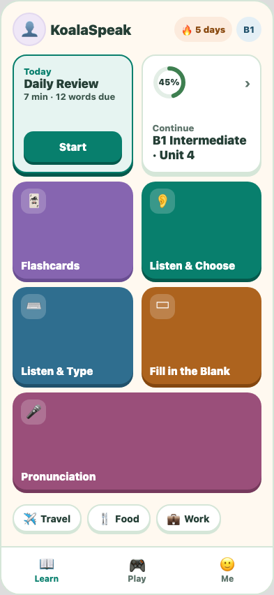 Vocab Builder Lobby: Daily Review, Continue and five games